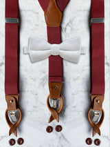 Burgundy Leather Trim Suspenders & Woollen Bow Tie Set