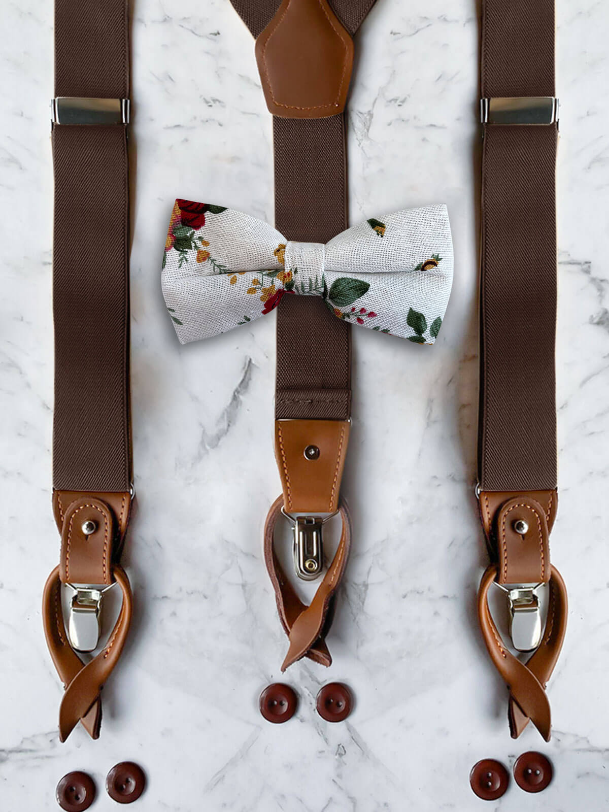 Chocolate Leather Trim Suspenders & Linen/Cotton Floral Bow Tie Set