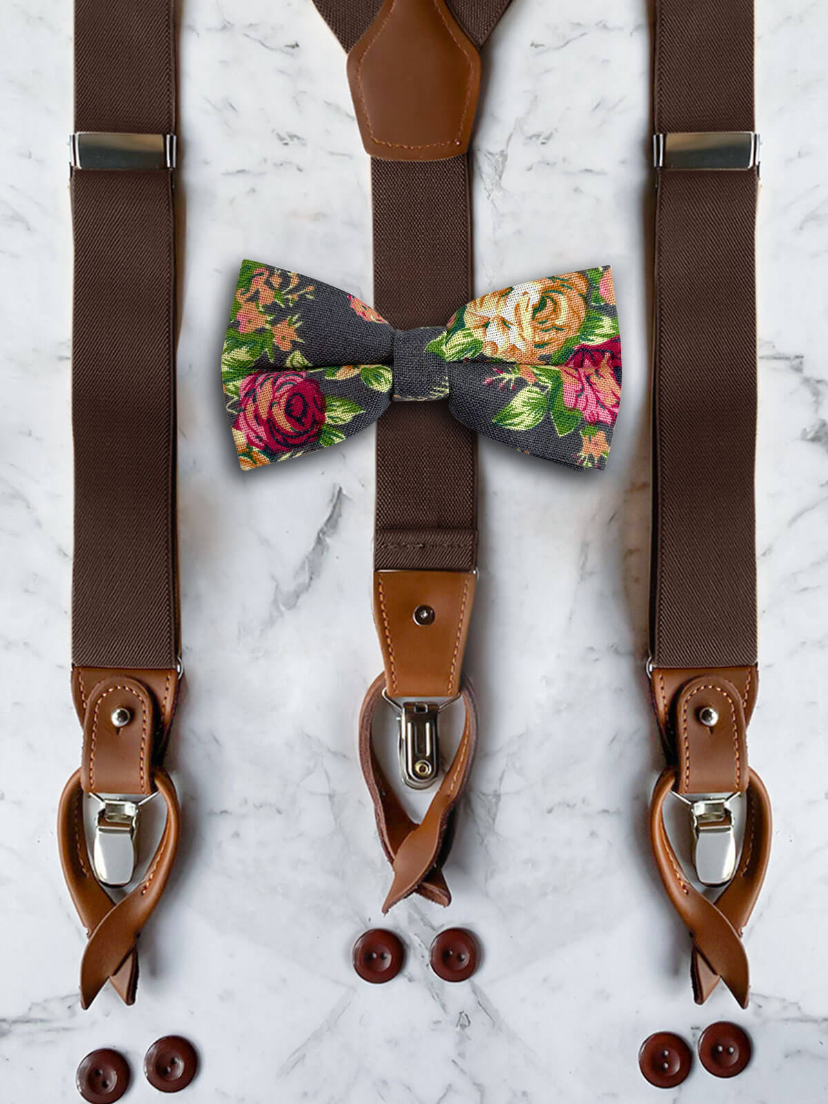 Chocolate Leather Trim Suspenders & Linen/Cotton Floral Bow Tie Set
