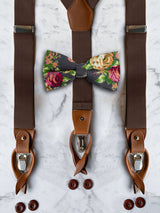 Chocolate Leather Trim Suspenders & Linen/Cotton Floral Bow Tie Set