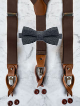 Chocolate Brown Leather Trim Suspenders & Woollen Bow Tie Set