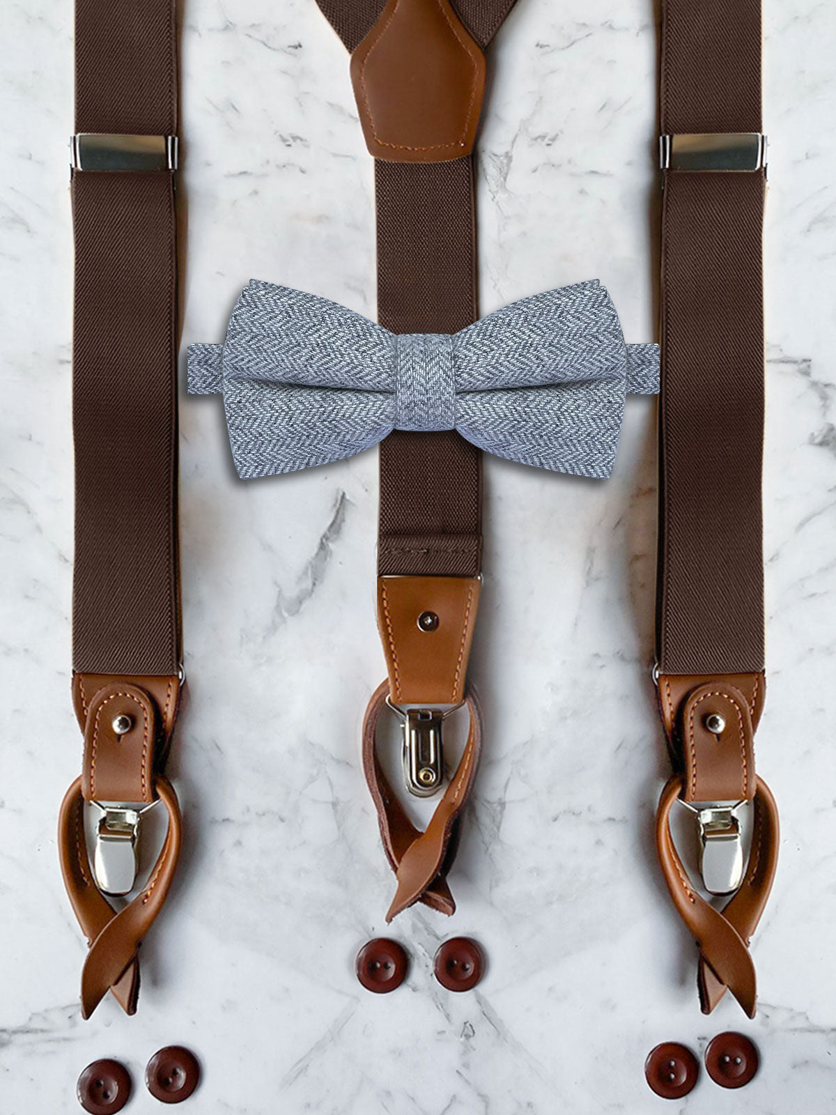Chocolate Brown Leather Trim Suspenders & Woollen Bow Tie Set
