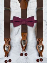 Chocolate Brown Leather Trim Suspenders & Woollen Bow Tie Set