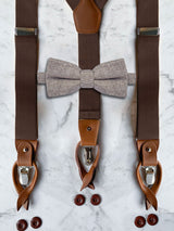 Chocolate Brown Leather Trim Suspenders & Woollen Bow Tie Set
