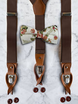 Tan Leather Trim Suspenders & Linen/Cotton Floral Bow Tie Set