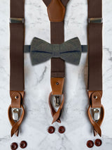 Chocolate Brown Leather Trim Suspenders & Woollen Bow Tie Set