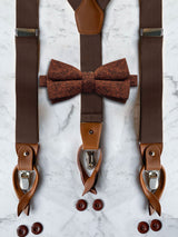Chocolate Brown Leather Trim Suspenders & Woollen Bow Tie Set