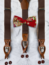 Tan Leather Trim Suspenders & Linen/Cotton Floral Bow Tie Set