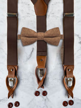 Chocolate Brown Leather Trim Suspenders & Woollen Bow Tie Set