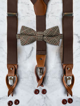 Chocolate Brown Leather Trim Suspenders & Woollen Bow Tie Set