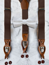 Chocolate Brown Leather Trim Suspenders & Woollen Bow Tie Set
