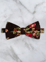 Chocolate Brown Linen Floral Bow Tie