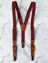 Kids Burgundy Wooden Bow Tie, Suspenders & Brooch Set