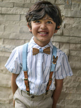 Kids Baby Blue Wooden Bow Tie, Suspenders & Animal Pin Set
