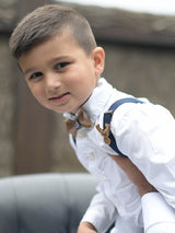 Kids Navy Wooden Bow Tie, Suspenders & Brooch Set