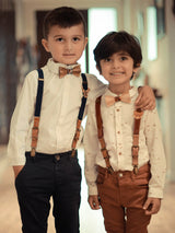 Kids Burgundy Wooden Bow Tie, Suspenders & Brooch Set