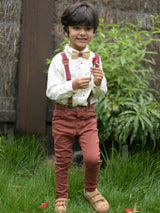 Kids Burgundy Wooden Bow Tie, Suspenders & Brooch Set