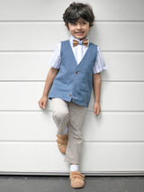 Kids Baby Blue Wooden Bow Tie, Suspenders & Animal Pin Set