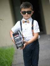 Kids Black Wooden Bow Tie, Suspenders & Brooch Set