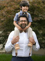 Oatmeal Leather Trim Suspenders, Wooden Bowtie & Cufflinks Set
