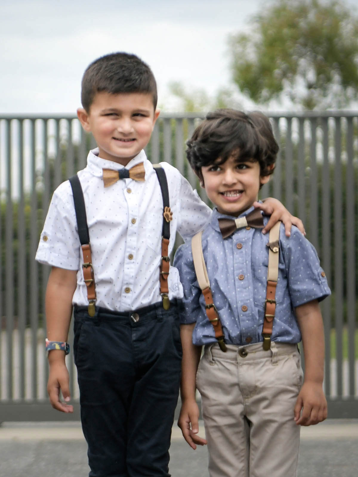 Kids Oatmeal Wooden Bow Tie, Suspenders & Brooch Set