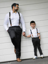 Kids Black Wooden Bow Tie, Suspenders & Brooch Set