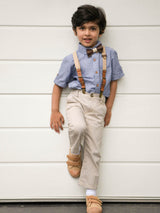 Kids Oatmeal Wooden Bow Tie, Suspenders & Brooch Set