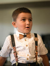 Kids Black Wooden Bow Tie, Suspenders & Brooch Set