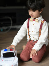 Kids Burgundy Wooden Bow Tie, Suspenders & Brooch Set