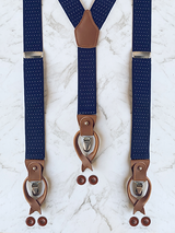 Navy Pin Dot Pattern Leather Trim Clip/Button Convertible Suspenders