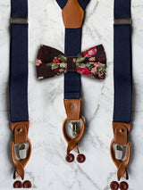 Navy Leather Trim Suspenders & Linen/Cotton Floral Bow Tie Set
