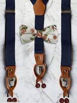 Navy Leather Trim Suspenders & Linen/Cotton Floral Bow Tie Set
