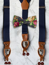 Navy Leather Trim Suspenders & Linen/Cotton Floral Bow Tie Set