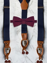 Navy Leather Trim Suspenders & Woollen Bow Tie Set