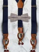 Navy Leather Trim Suspenders & Woollen Bow Tie Set