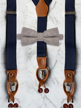 Navy Leather Trim Suspenders & Woollen Bow Tie Set