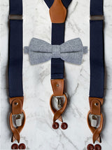 Navy Leather Trim Suspenders & Woollen Bow Tie Set