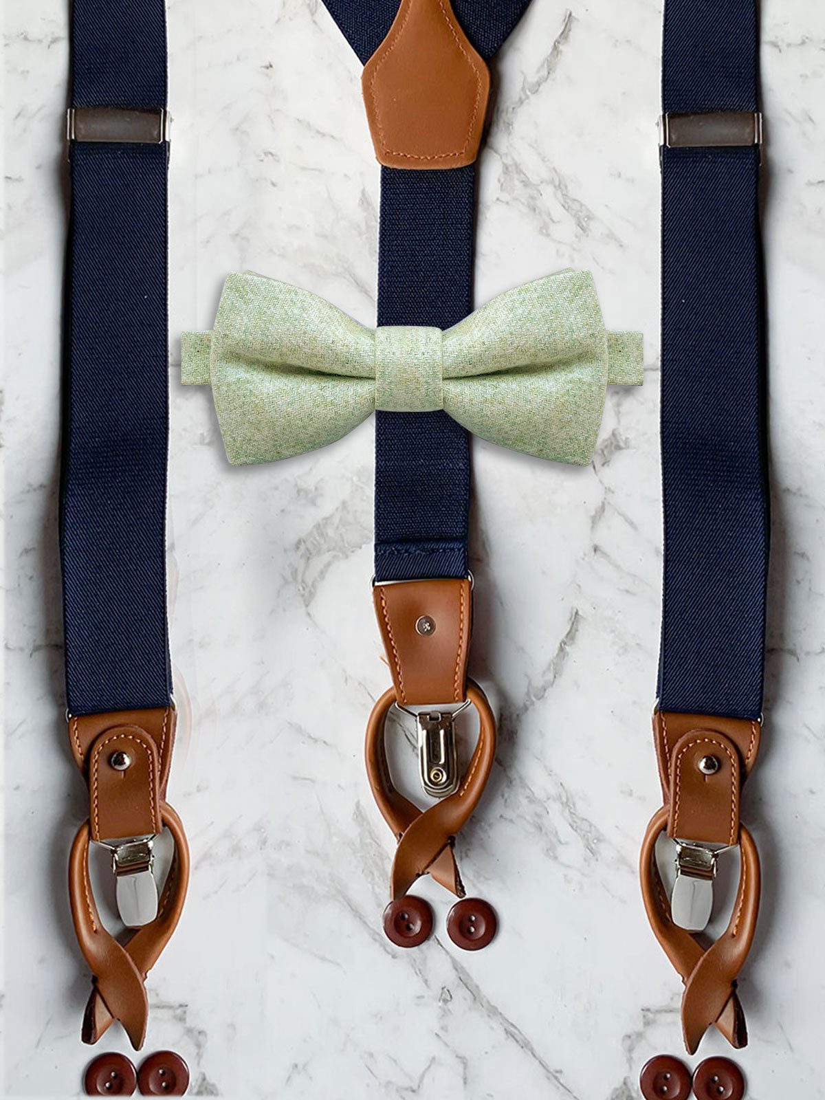 Navy Leather Trim Suspenders & Woollen Bow Tie Set