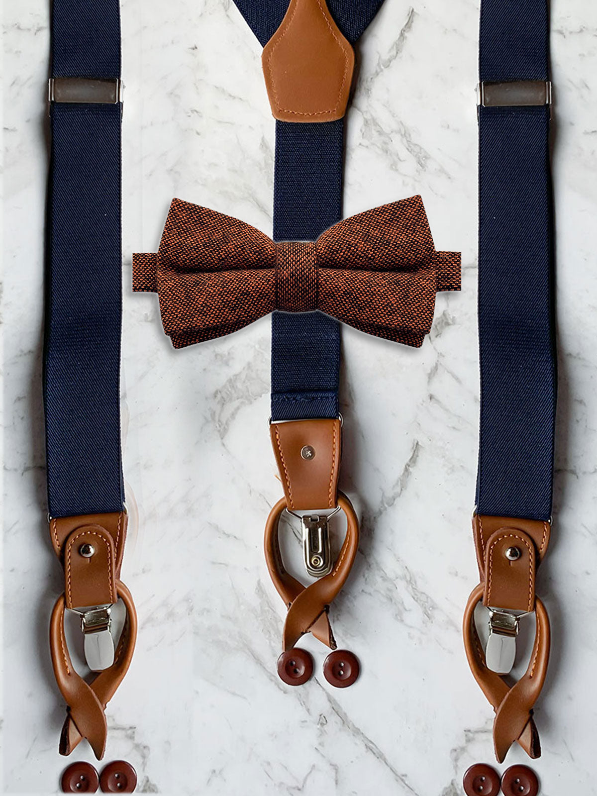 Navy Leather Trim Suspenders & Woollen Bow Tie Set