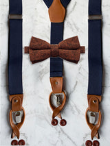 Navy Leather Trim Suspenders & Woollen Bow Tie Set