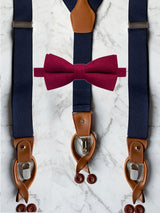 Navy Leather Trim Suspenders & Woollen Bow Tie Set