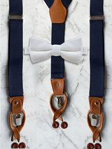 Navy Leather Trim Suspenders & Woollen Bow Tie Set
