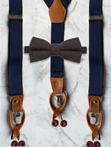 Navy Leather Trim Suspenders & Woollen Bow Tie Set