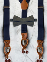 Navy Leather Trim Suspenders & Woollen Bow Tie Set