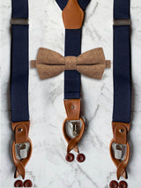 Navy Leather Trim Suspenders & Woollen Bow Tie Set