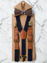 Kids Navy Wooden Bow Tie, Suspenders & Brooch Set