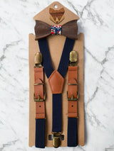 Kids Navy Wooden Bow Tie, Suspenders & Brooch Set