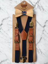 Kids Navy Wooden Bow Tie, Suspenders & Brooch Set