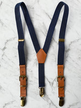 Kids Navy Wooden Bow Tie, Suspenders & Brooch Set