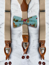 Oatmeal Leather Trim Suspenders & Linen/Cotton Floral Bow Tie Set
